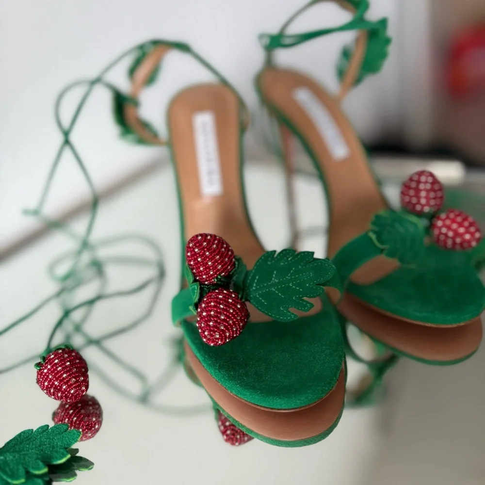 New Aquazzura Green Fragolina 105 Embellished Suede Sandals 37.5 $1,295